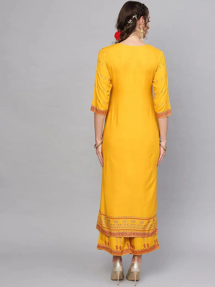 Yellow Printed Rayon Kurta Set - Libas