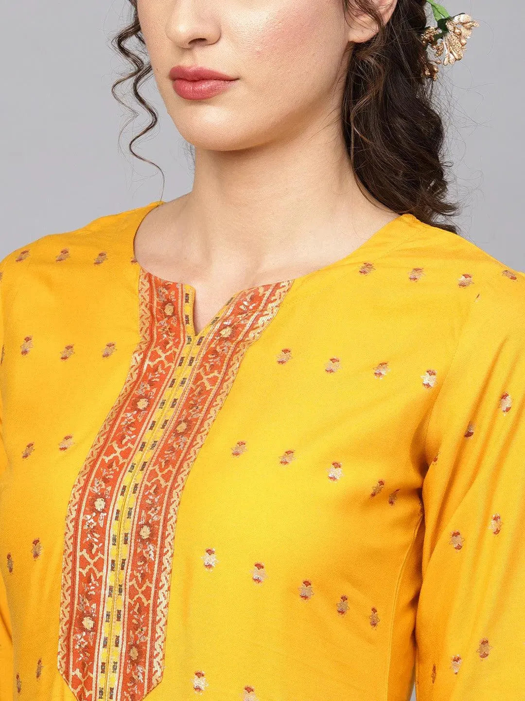 Yellow Printed Rayon Kurta Set - Libas 