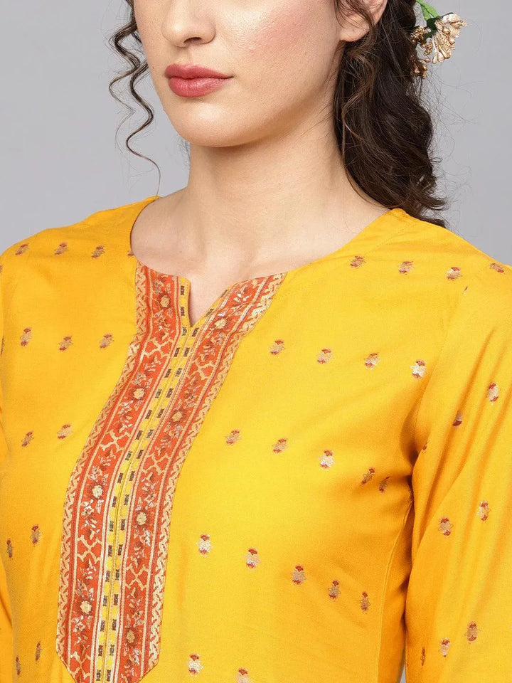 Yellow Printed Rayon Kurta Set - Libas
