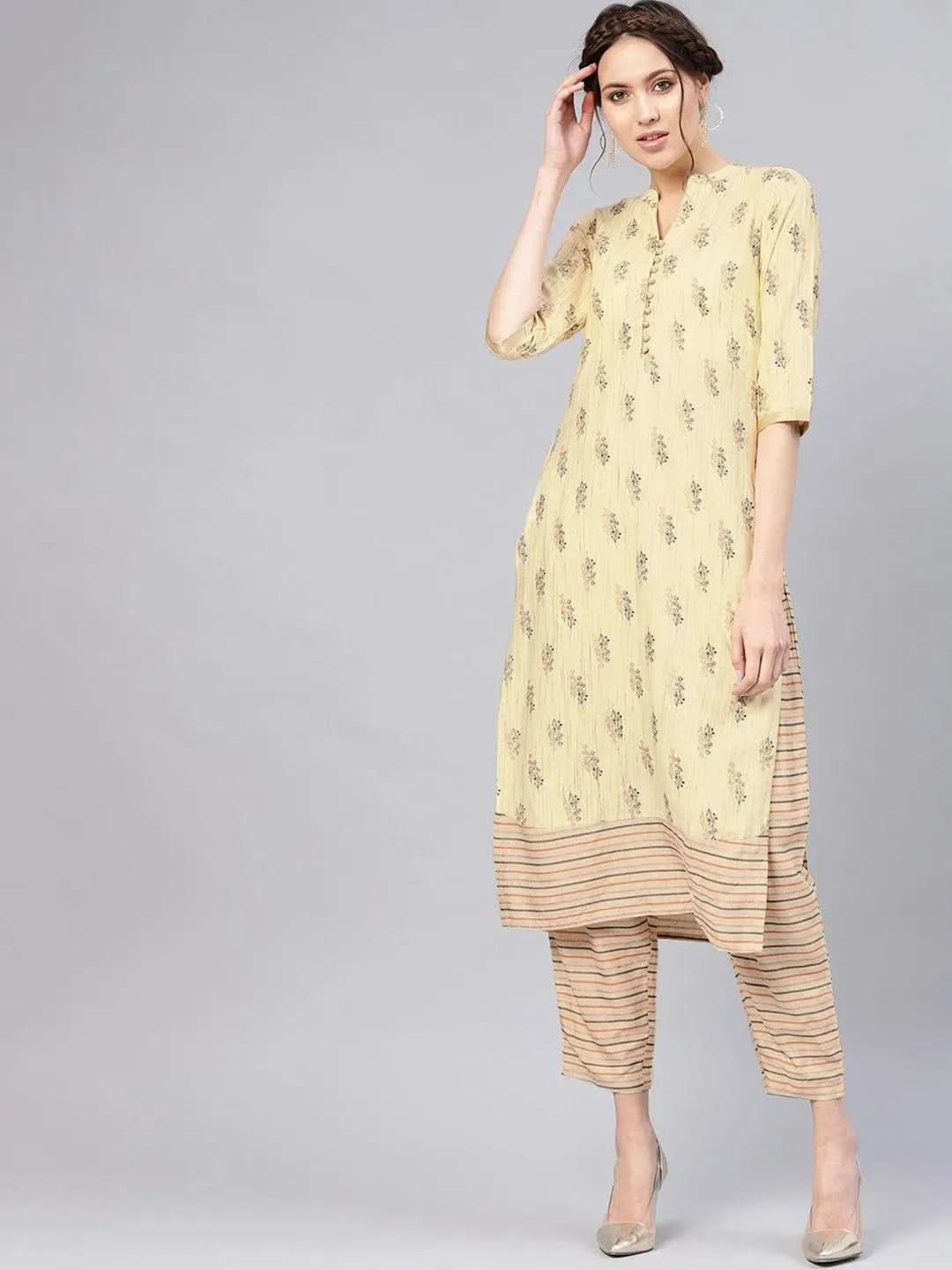 

Yellow Printed Rayon Straight Kurta With Trousers