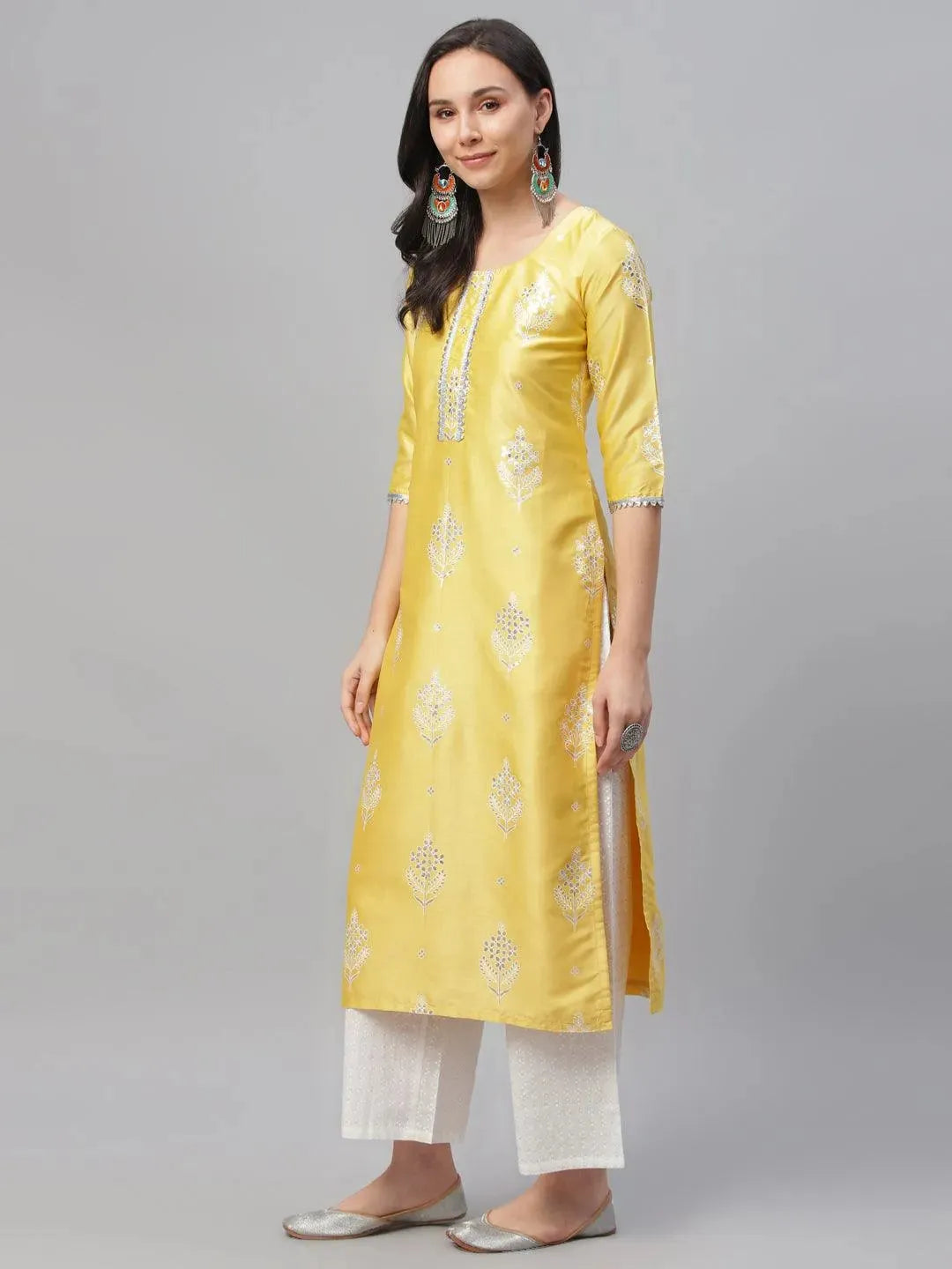 Yellow Printed Shantoon Kurta - Libas 