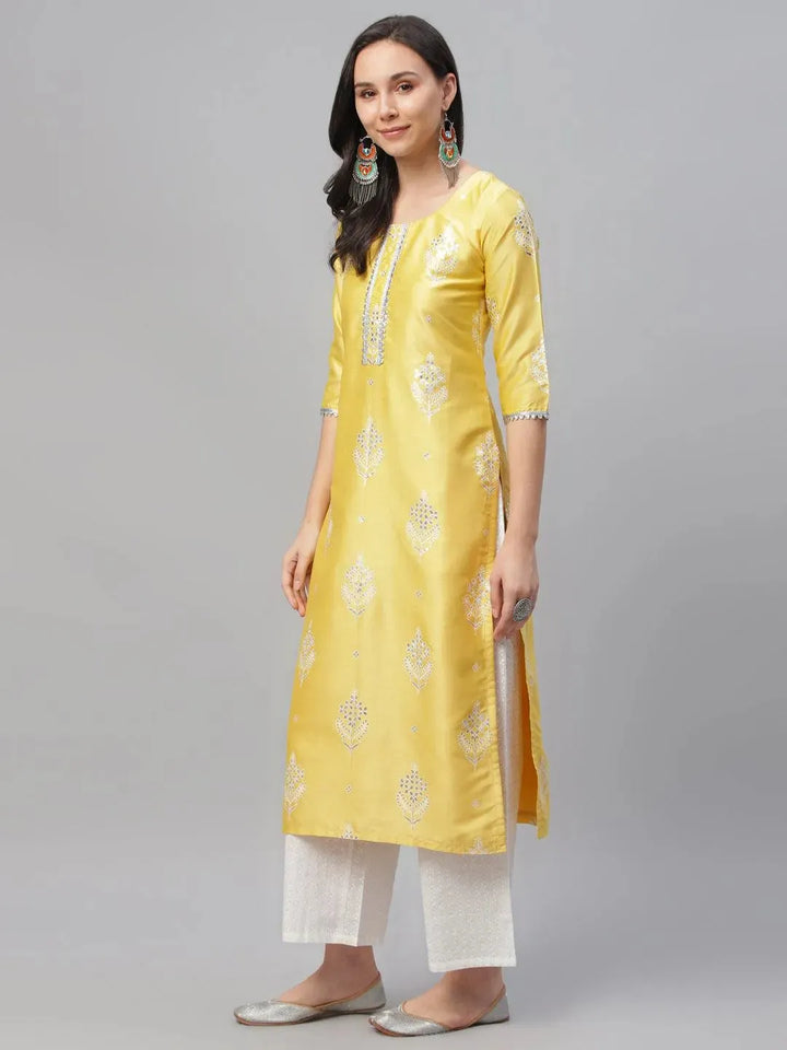 Yellow Printed Shantoon Kurta - Libas