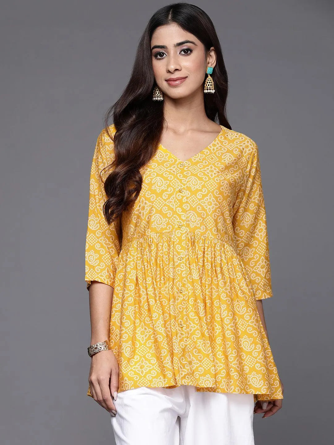 Yellow Printed Silk Blend A-Line Kurti - Libas 