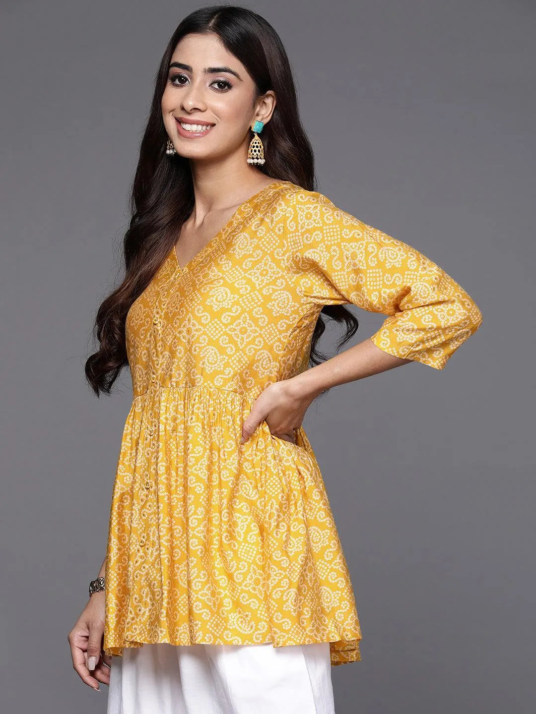 Yellow Printed Silk Blend A-Line Kurti - Libas 