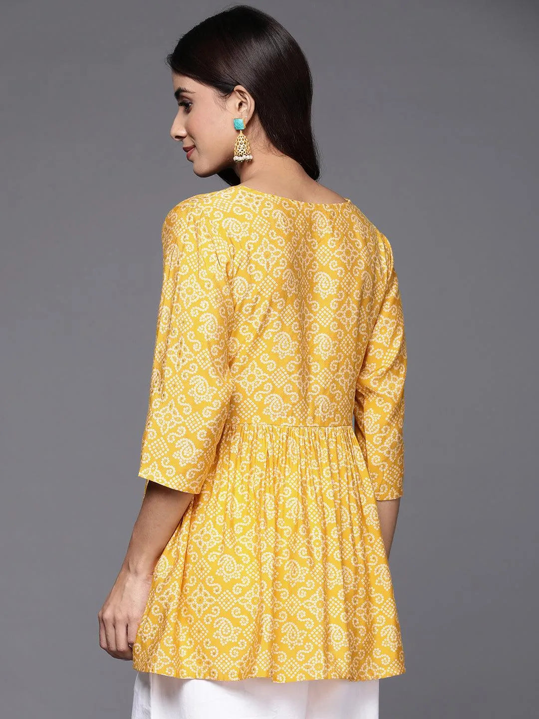 Yellow Printed Silk Blend A-Line Kurti - Libas 
