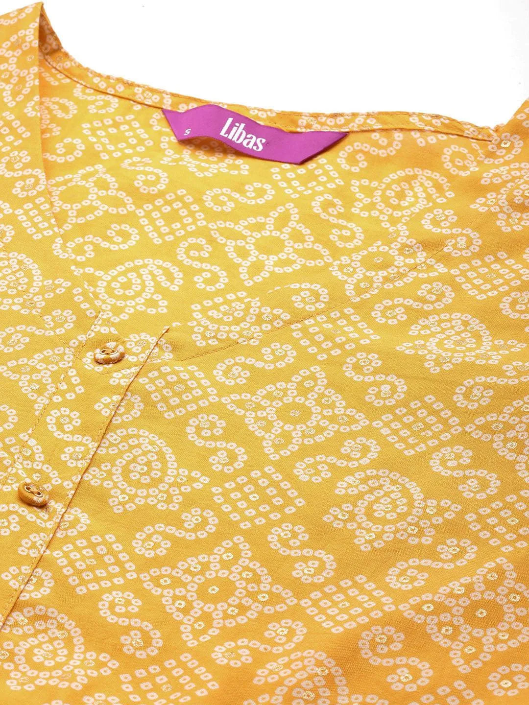 Yellow Printed Silk Blend A-Line Kurti - Libas 