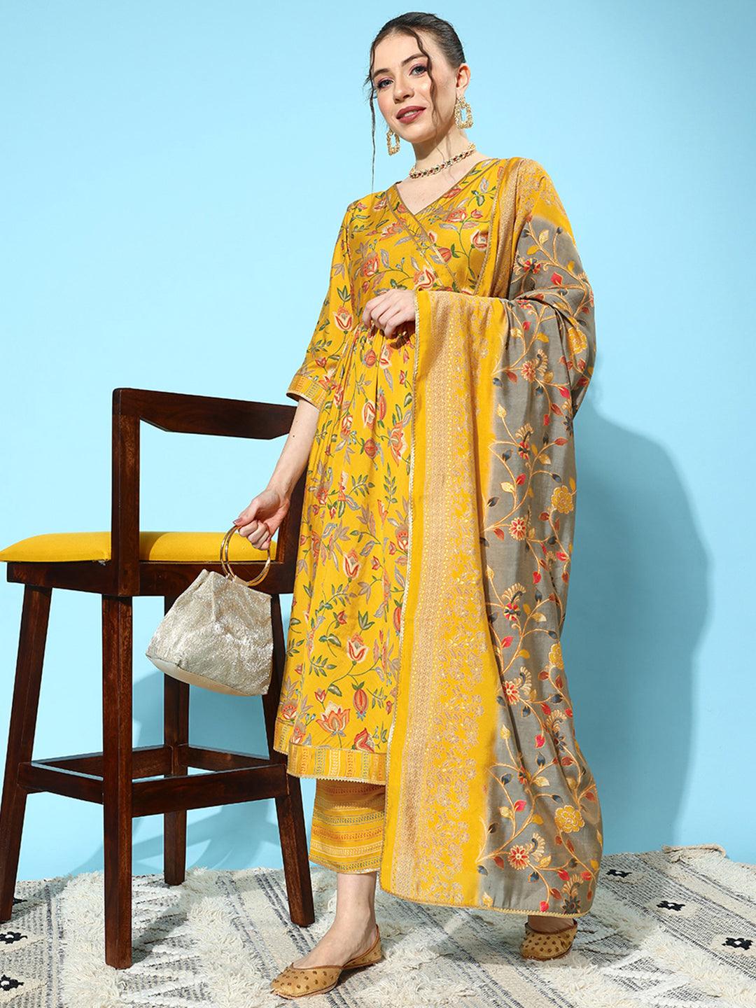 Yellow Printed Silk Blend Anarkali Suit With Dupatta