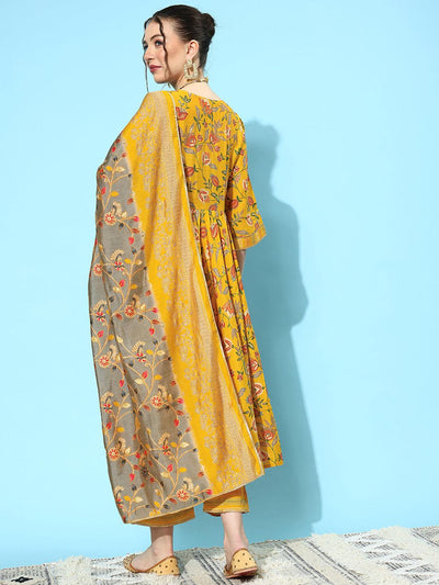Yellow Printed Silk Blend Anarkali Kurta With Trousers & Dupatta - Libas