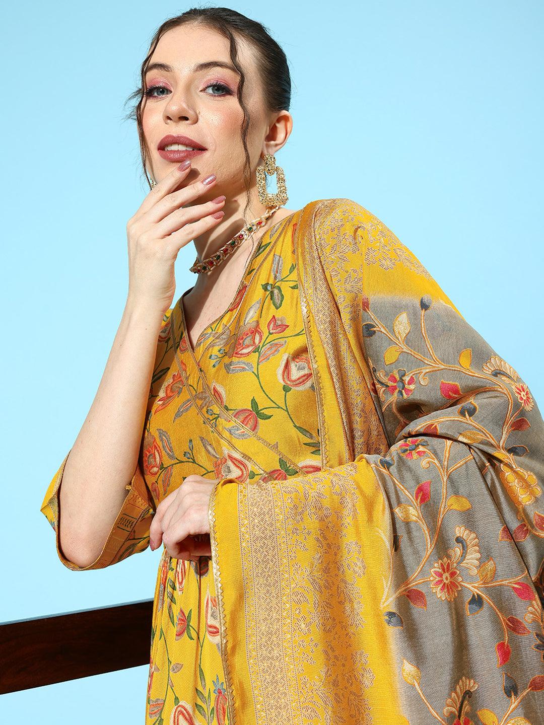 Yellow Printed Silk Blend Anarkali Kurta With Trousers & Dupatta - Libas