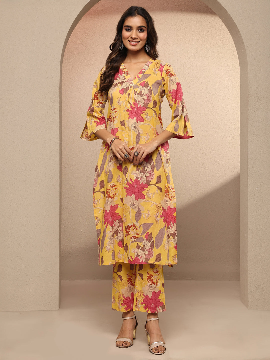  Yellow Printed Silk Blend Co-Ord Set 