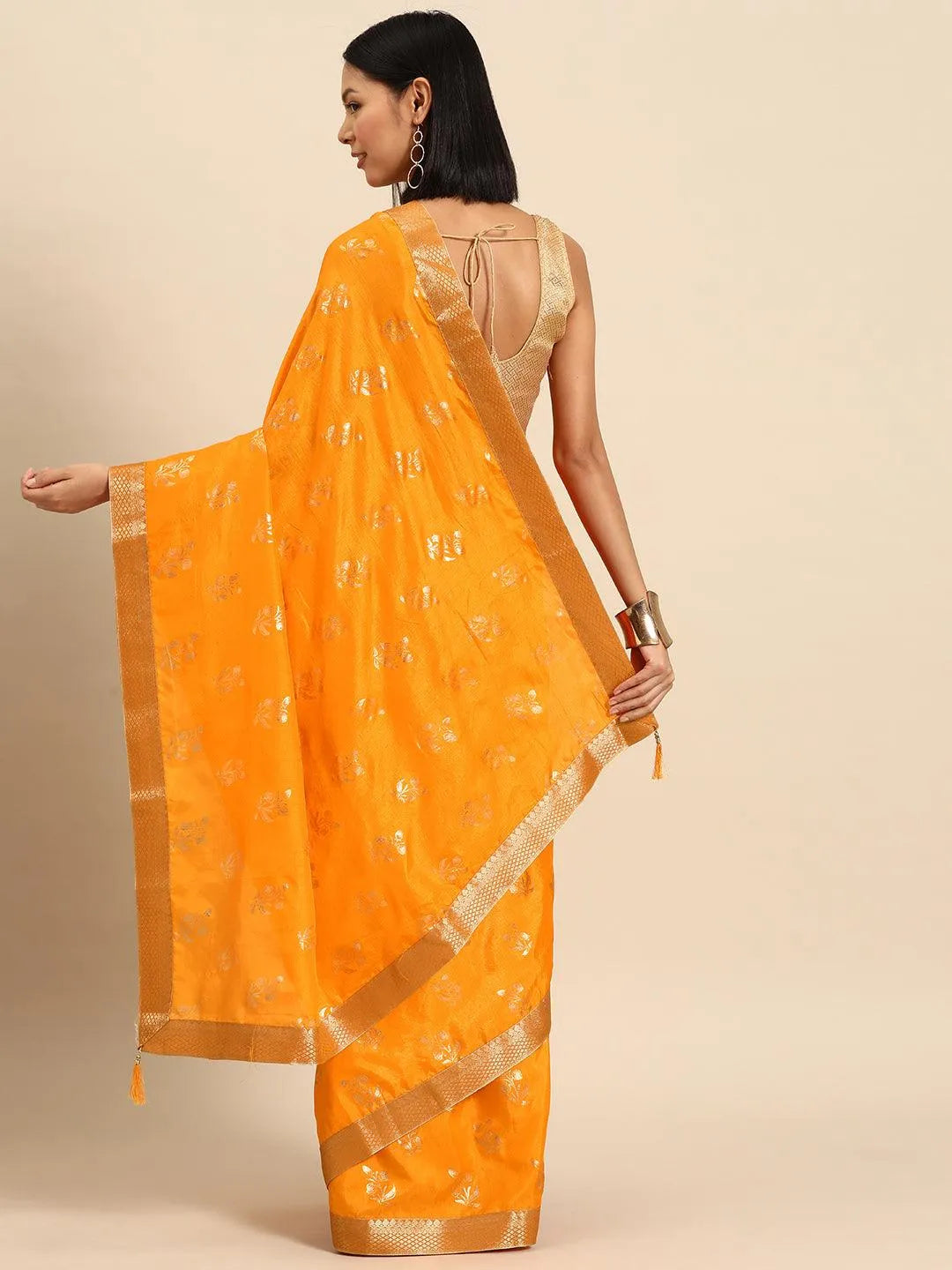 Yellow Printed Silk Blend Saree - Libas 