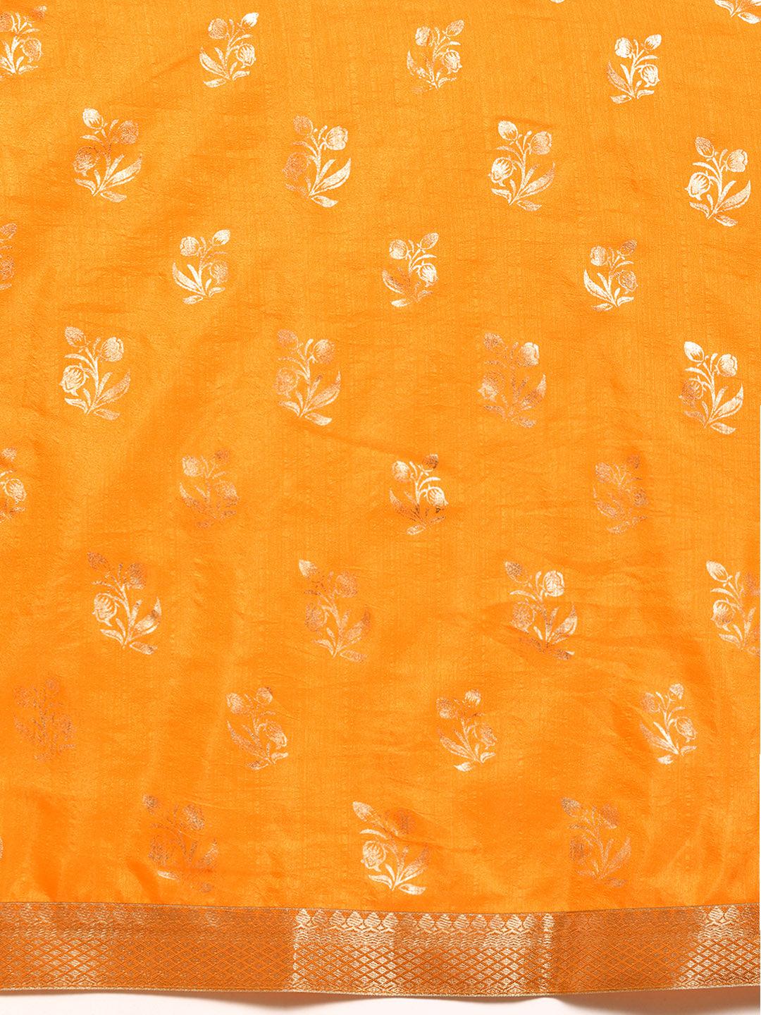 Yellow Printed Silk Blend Saree - Libas