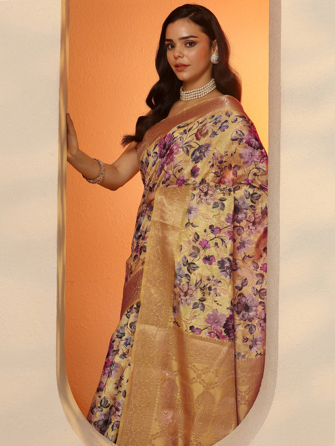  Yellow Printed Silk Blend Saree With Unstitched Blouse Piece 