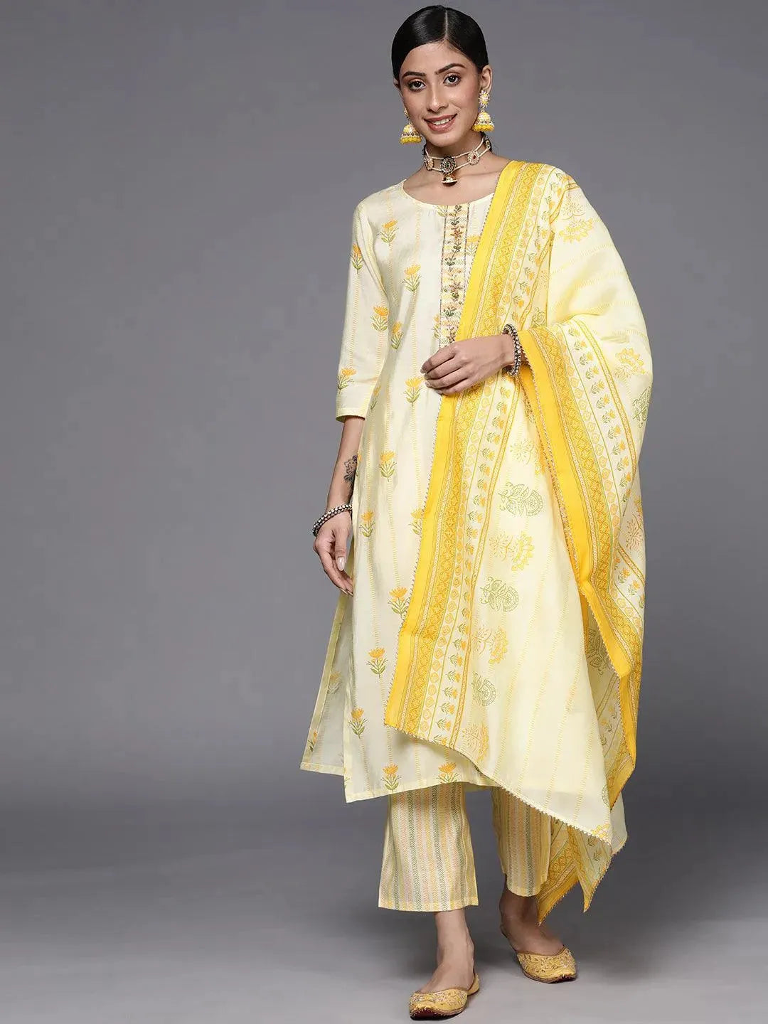 Yellow Printed Silk Blend Straight Suit Set - Libas