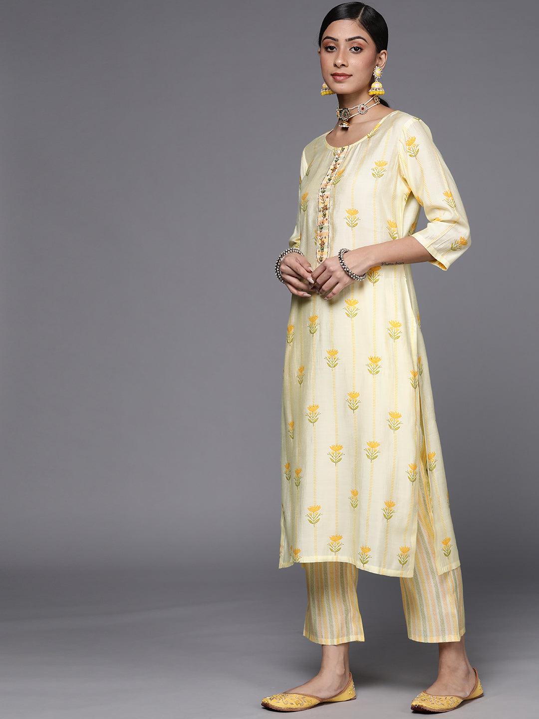 Yellow Printed Silk Blend Straight Kurta With Dupatta