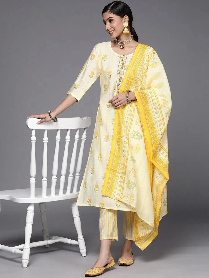 Yellow Printed Silk Blend Straight Suit Set - Libas