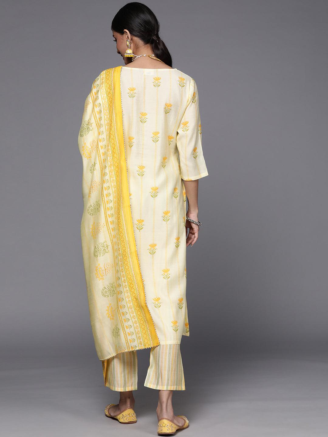 Yellow Printed Silk Blend Straight Kurta With Dupatta