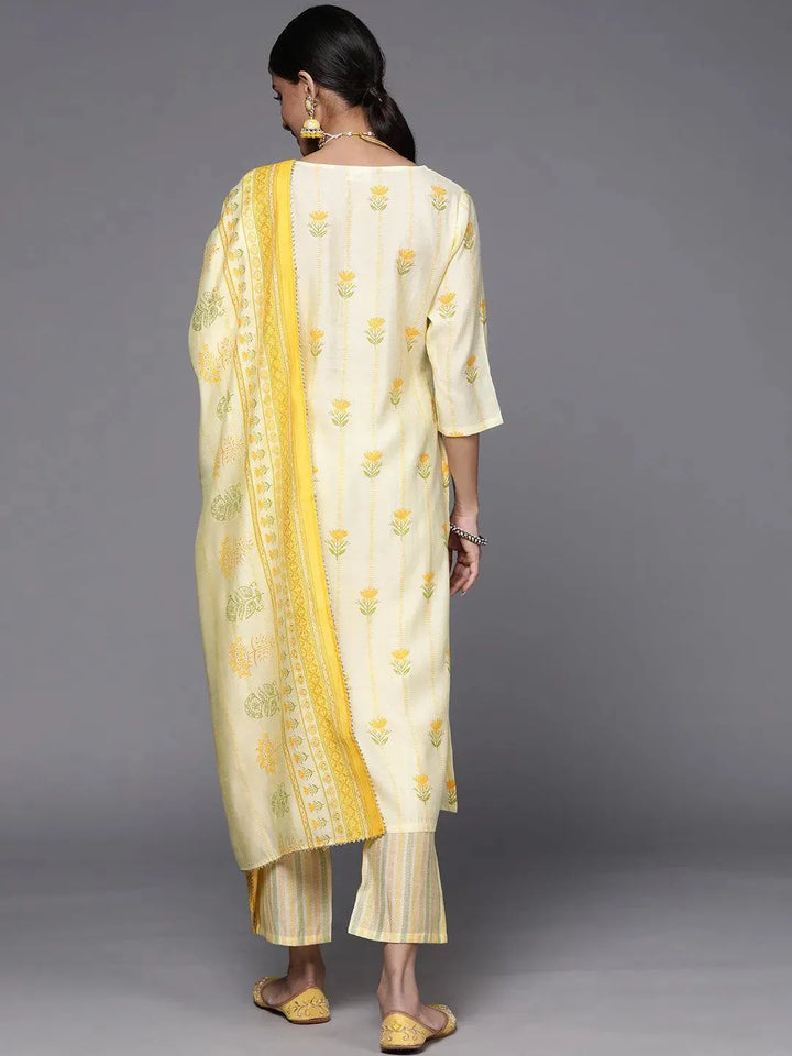 Yellow Printed Silk Blend Straight Suit Set - Libas