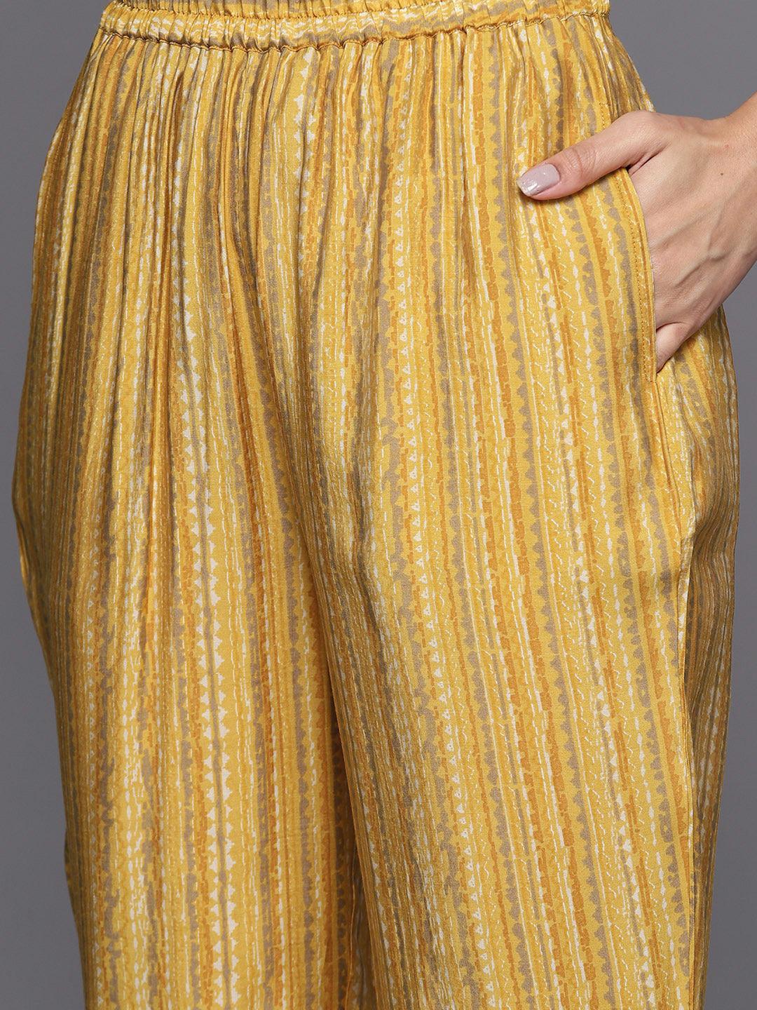 Yellow Printed Silk Blend Straight Suit Set - Libas