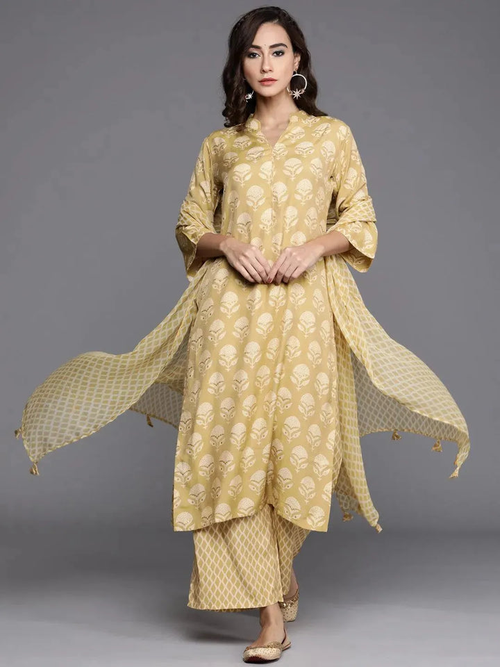 Yellow Printed Silk Blend Suit Set - Libas