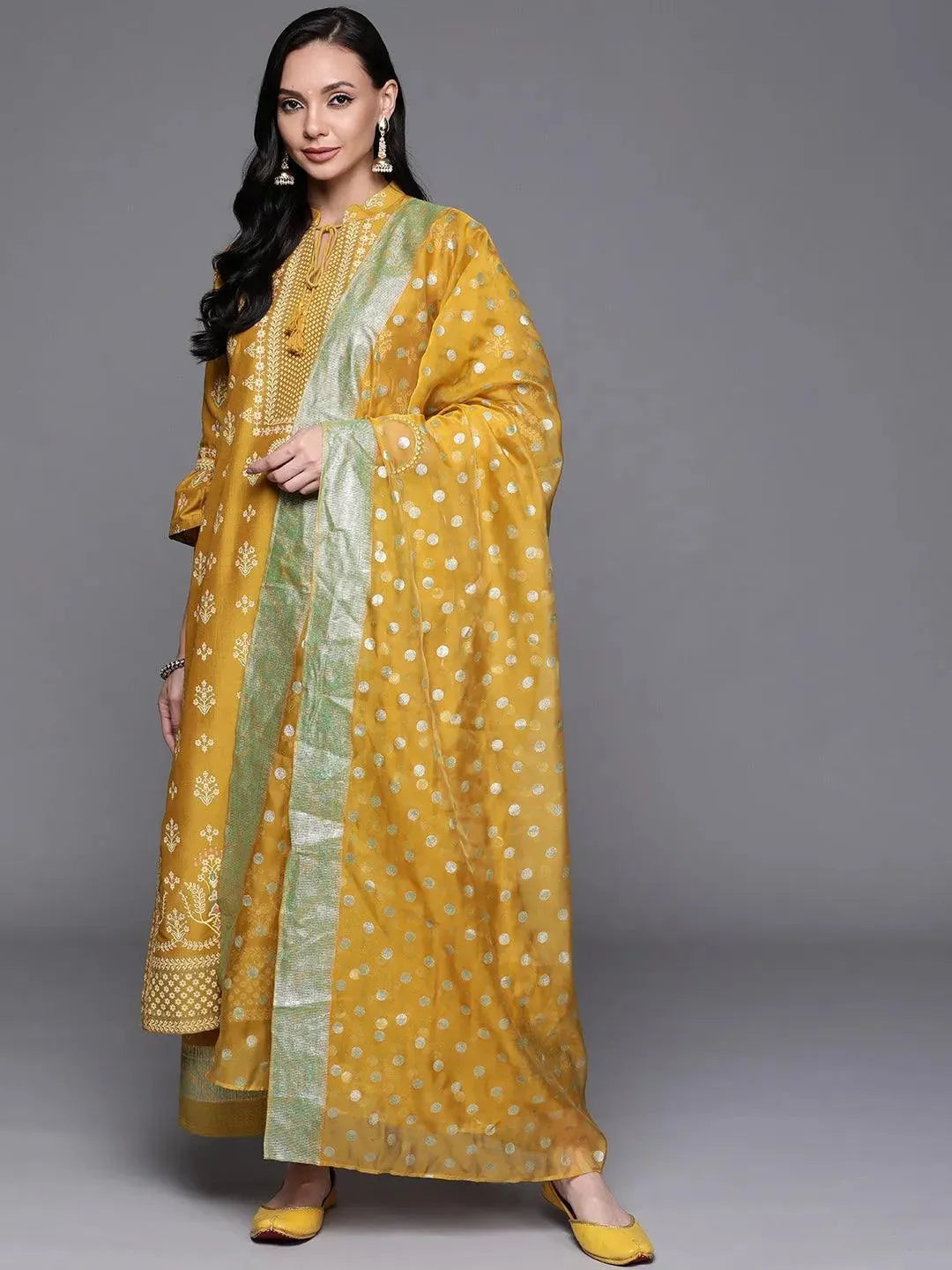 Yellow Printed Silk Blend Suit Set - Libas