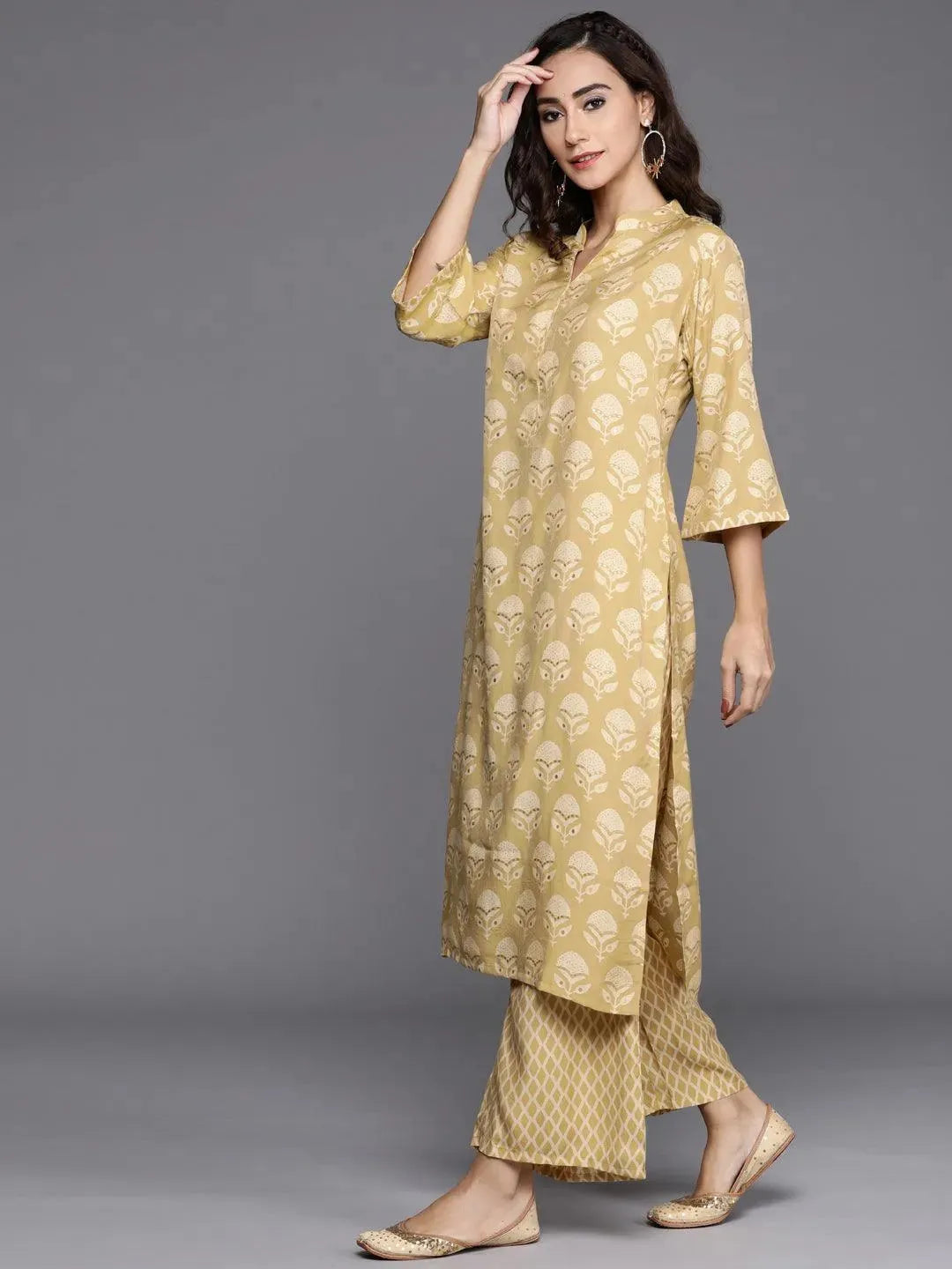 Yellow Printed Silk Blend Suit Set - Libas 