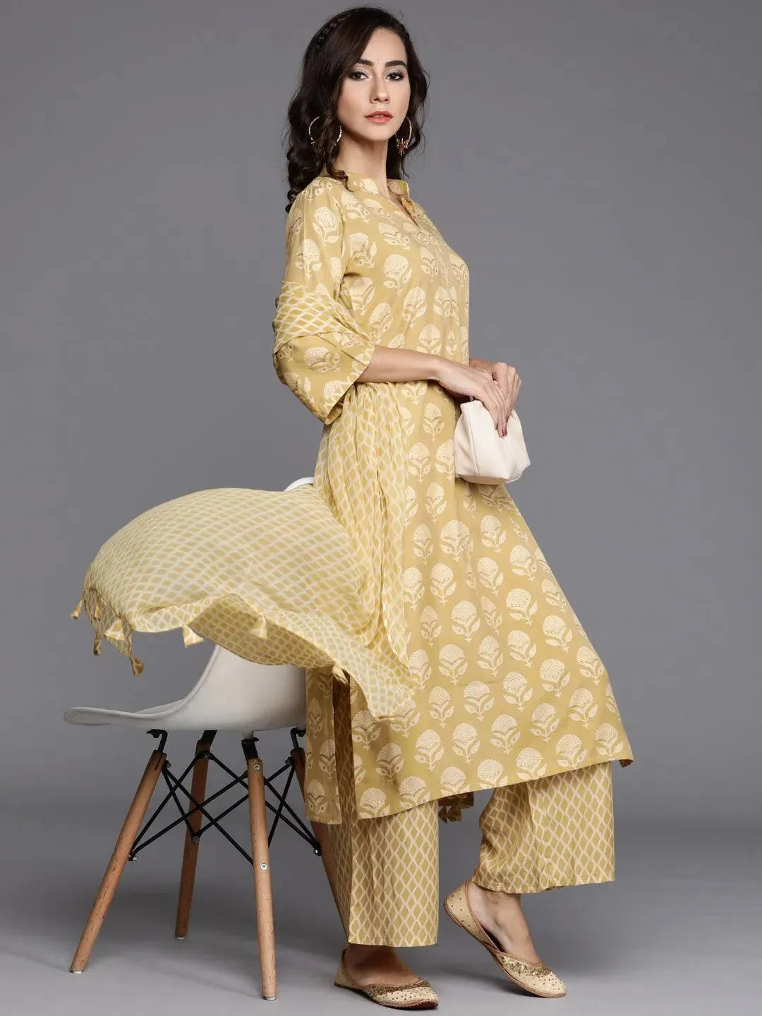 Yellow Printed Silk Blend Suit Set - Libas