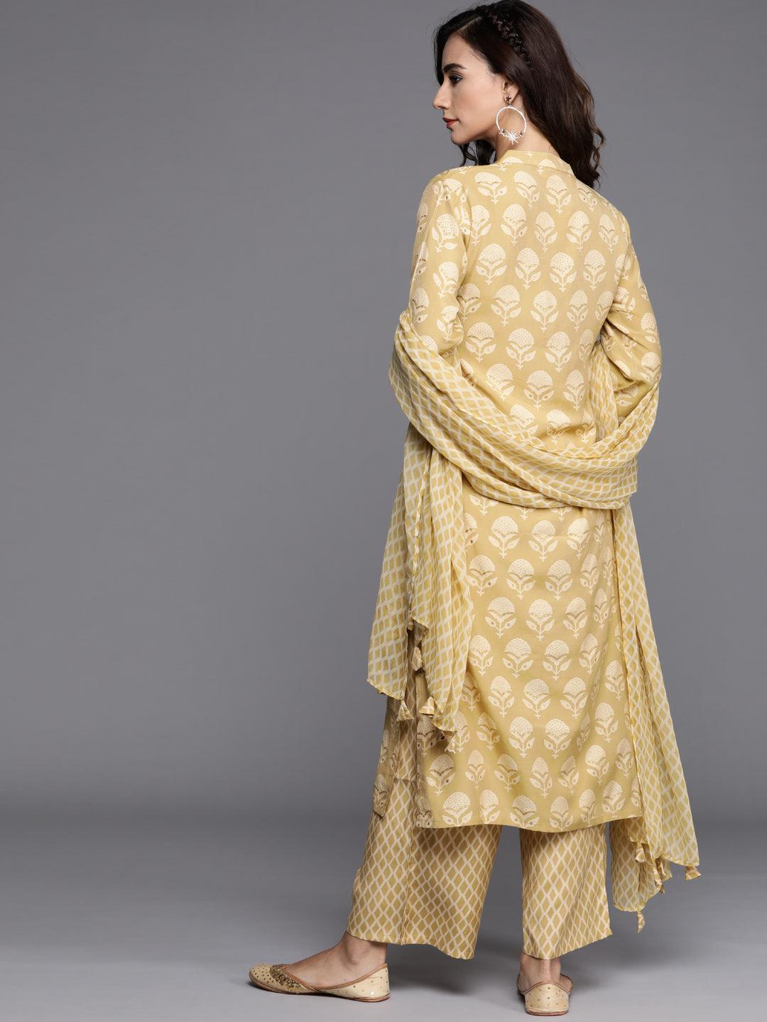 Yellow Printed Silk Blend Straight Kurta With Palazzos & Dupatta