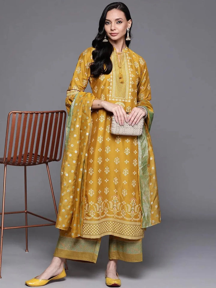 Yellow Printed Silk Blend Suit Set - Libas