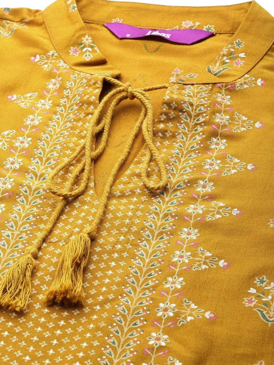 Yellow Printed Silk Blend Suit Set - Libas 