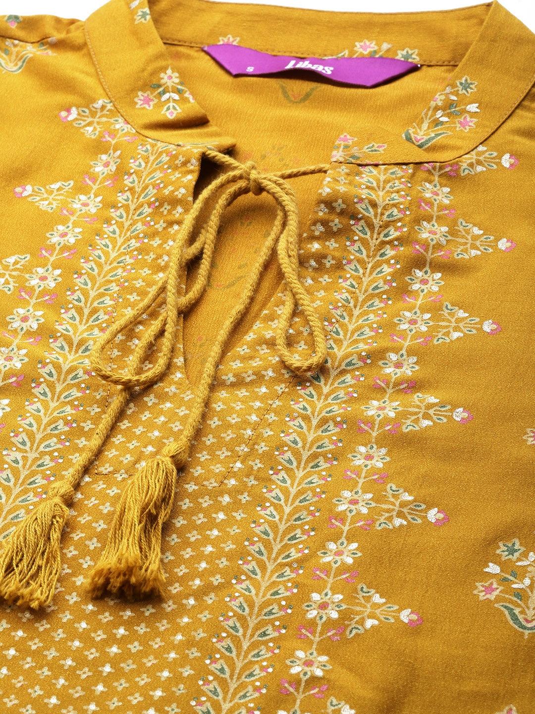 Yellow Printed Silk Blend Suit Set - Libas