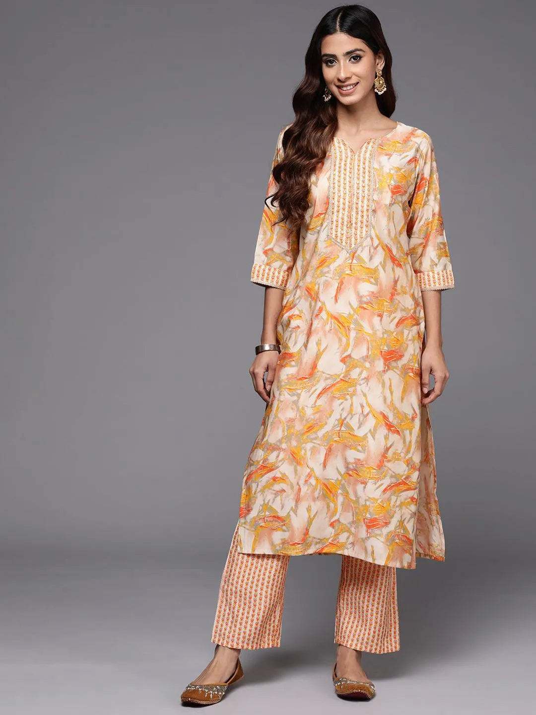 Yellow Printed Silk Blend Straight Kurta With Palazzos - Libas