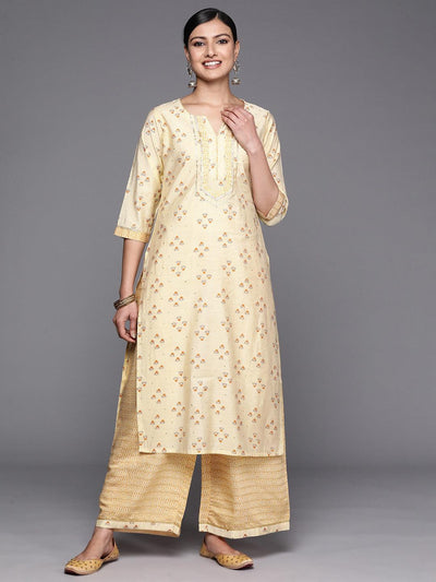 Yellow Printed Silk Blend Straight Kurta Set With Palazzos - Libas