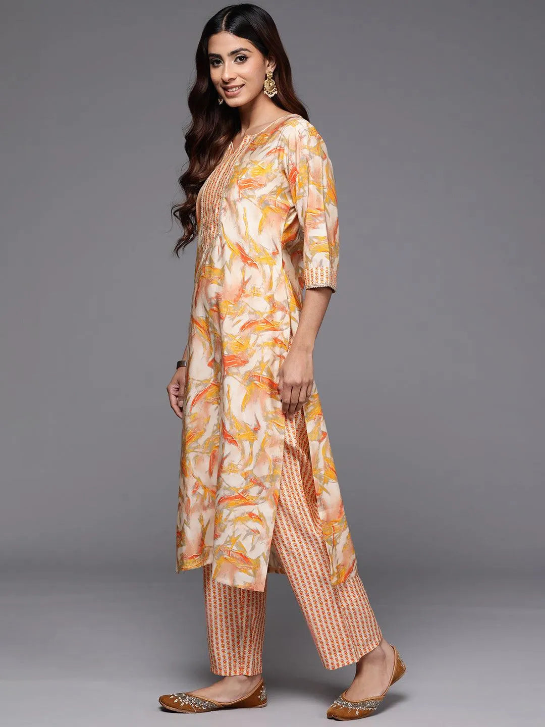 Yellow Printed Silk Blend Straight Kurta With Palazzos - Libas