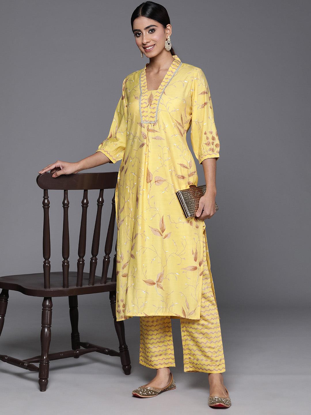Yellow Printed Silk Blend Straight Kurta Set