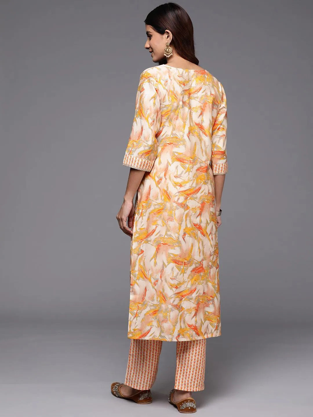 Yellow Printed Silk Blend Straight Kurta With Palazzos - Libas 