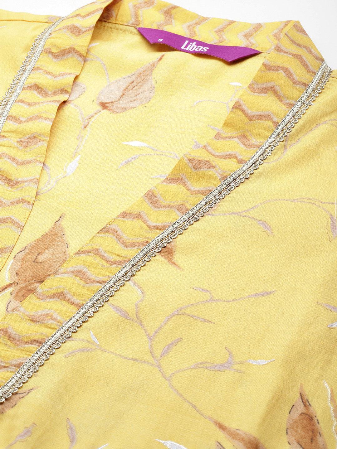 Yellow Printed Silk Blend Straight Kurta Set