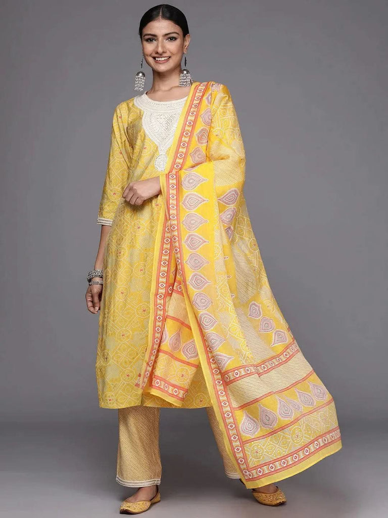 Libas Yellow Printed Silk Blend Straight Kurta With Trousers & Dupatta