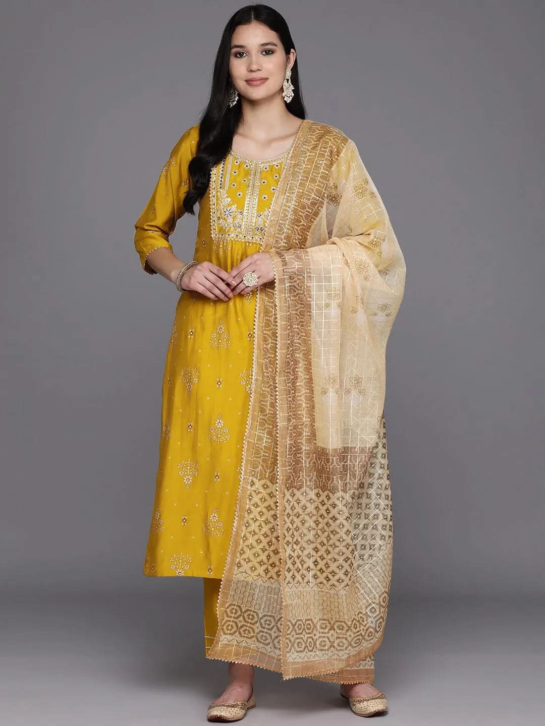 Yellow Printed Silk Blend Straight Kurta With Trousers & Dupatta - Libas 