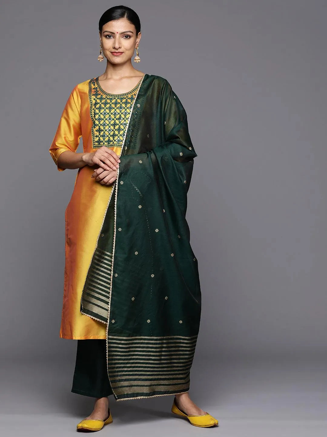 libas Yellow Printed Silk Blend Straight Kurta With Trousers & Dupatta-picture-18