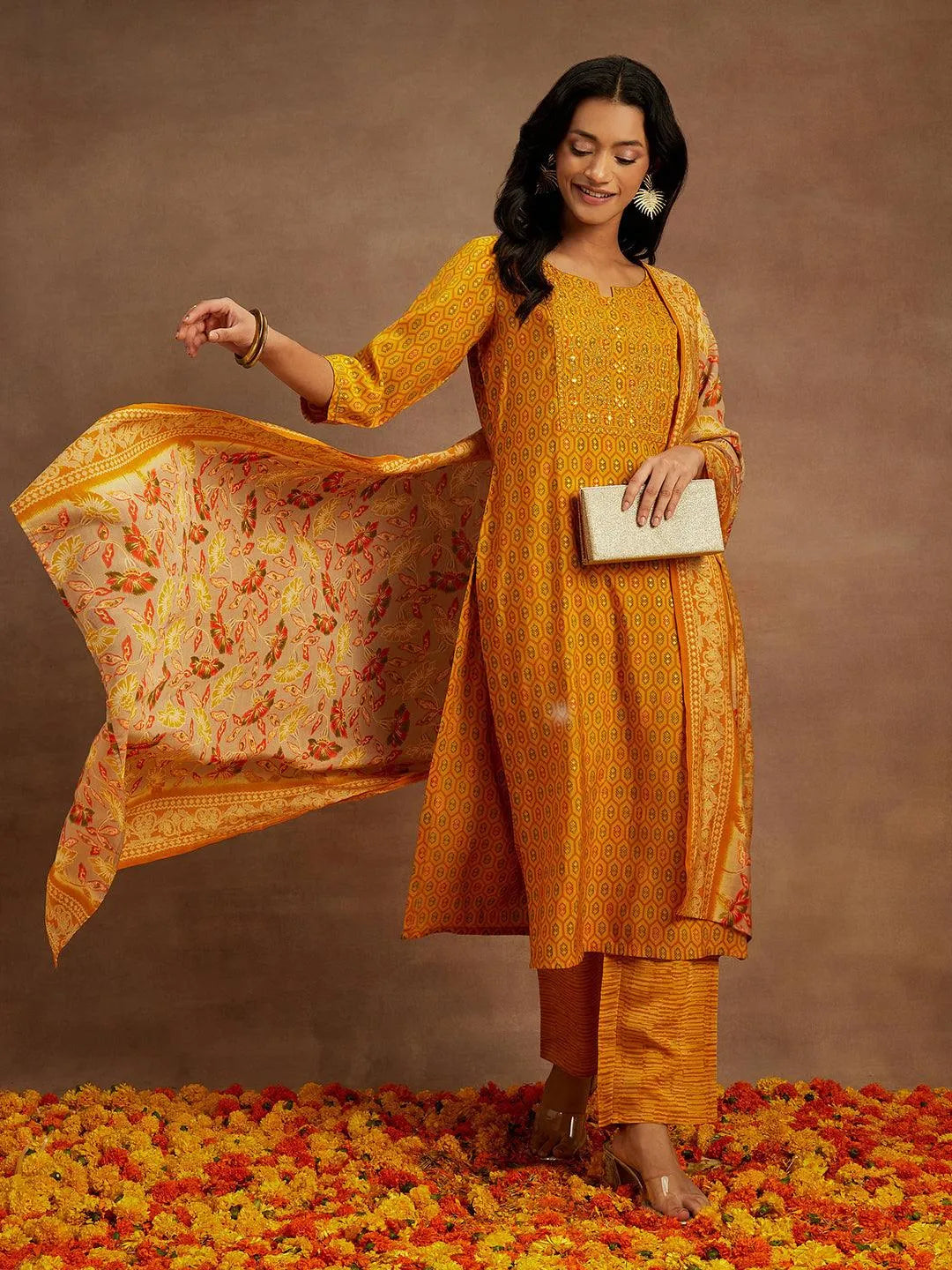 Yellow Printed Silk Blend Straight Kurta With Trousers & Dupatta - Libas