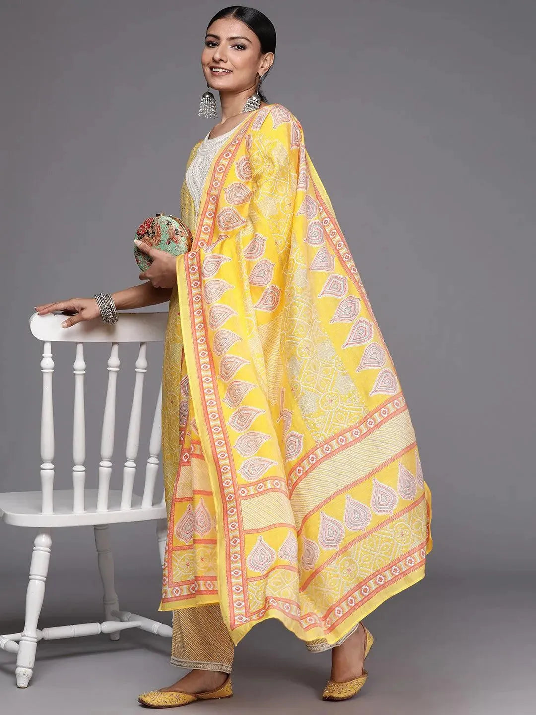 Yellow Printed Silk Blend Straight Suit Set - Libas