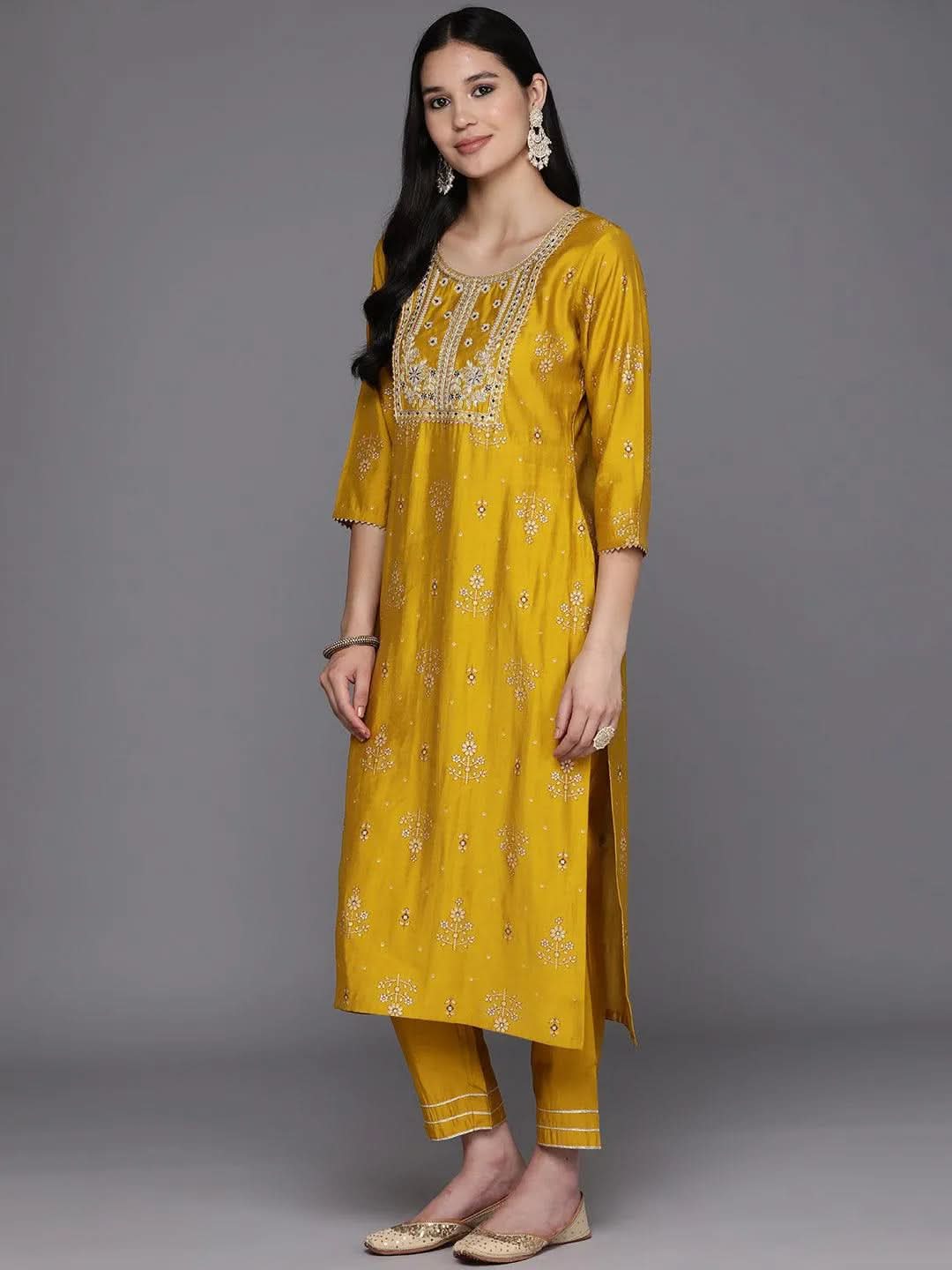 Yellow Printed Silk Blend Straight Kurta With Trousers & Dupatta - Libas 