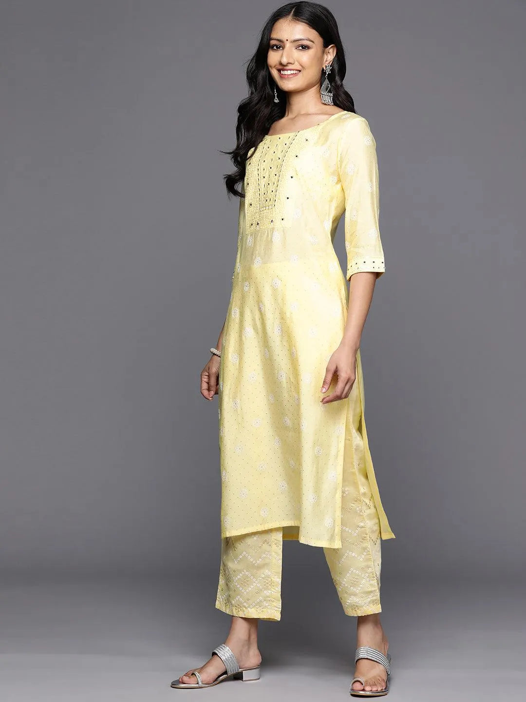 Yellow Printed Silk Blend Straight Kurta With Trousers & Dupatta - Libas