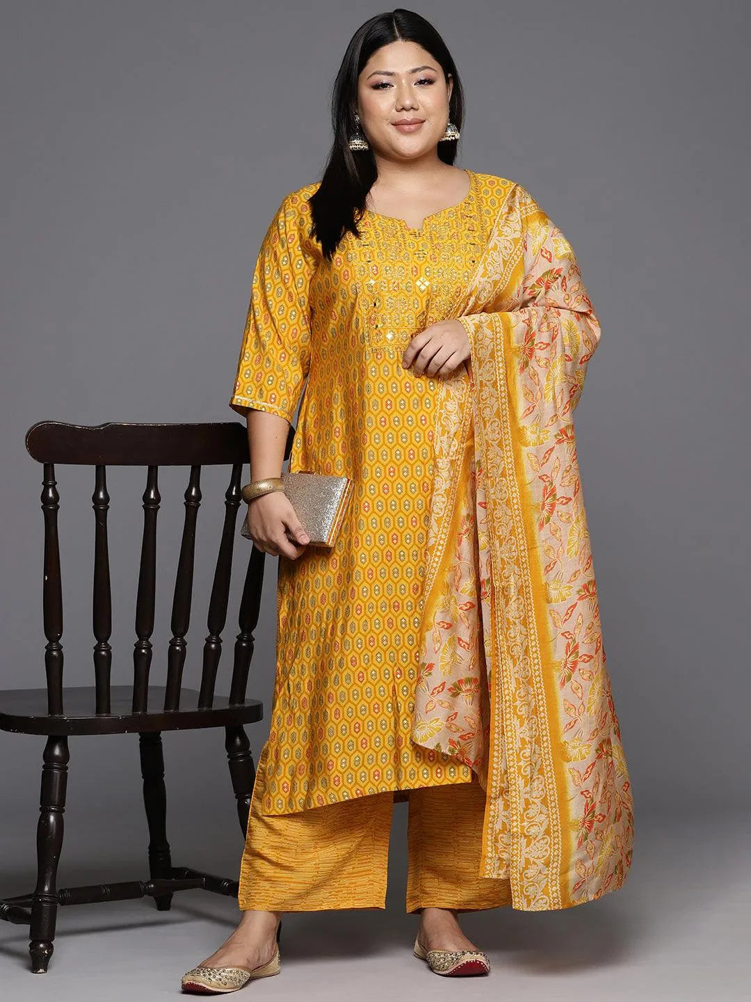 Yellow Printed Silk Blend Straight Kurta With Trousers & Dupatta - Libas 