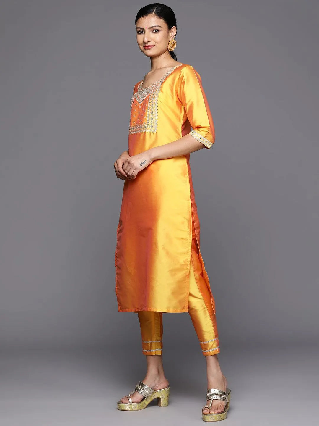 Yellow Printed Silk Blend Straight Kurta With Trousers & Dupatta - Libas 
