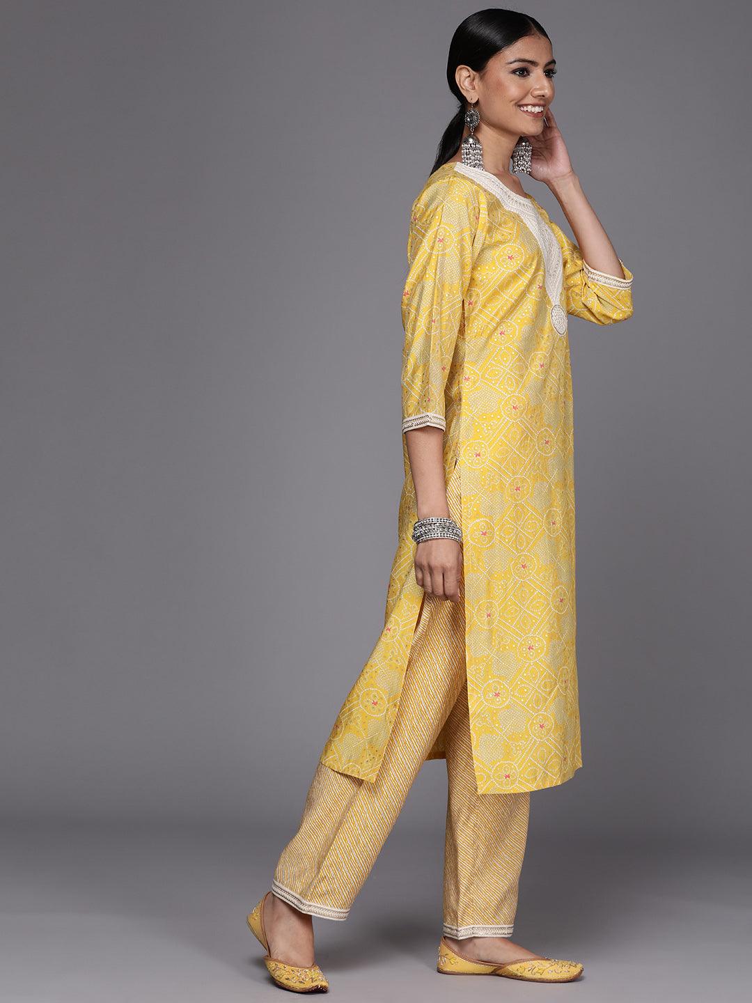 Yellow Printed Silk Blend Straight Kurta With Trousers & Dupatta