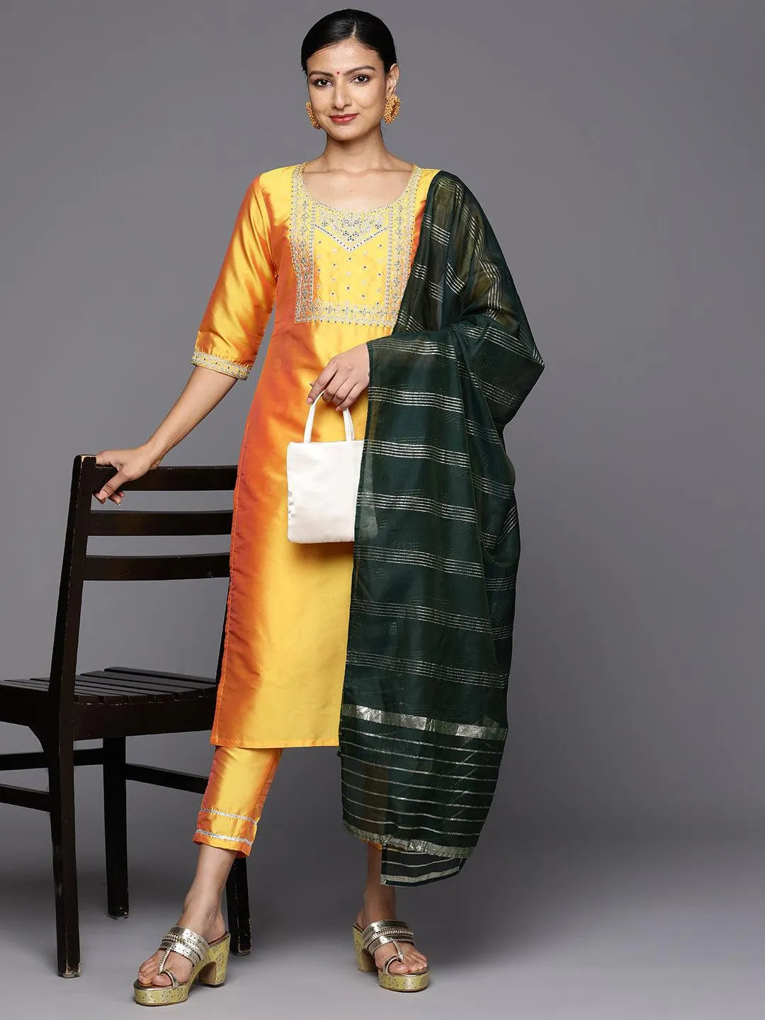Yellow Printed Silk Blend Straight Kurta With Trousers & Dupatta - Libas 
