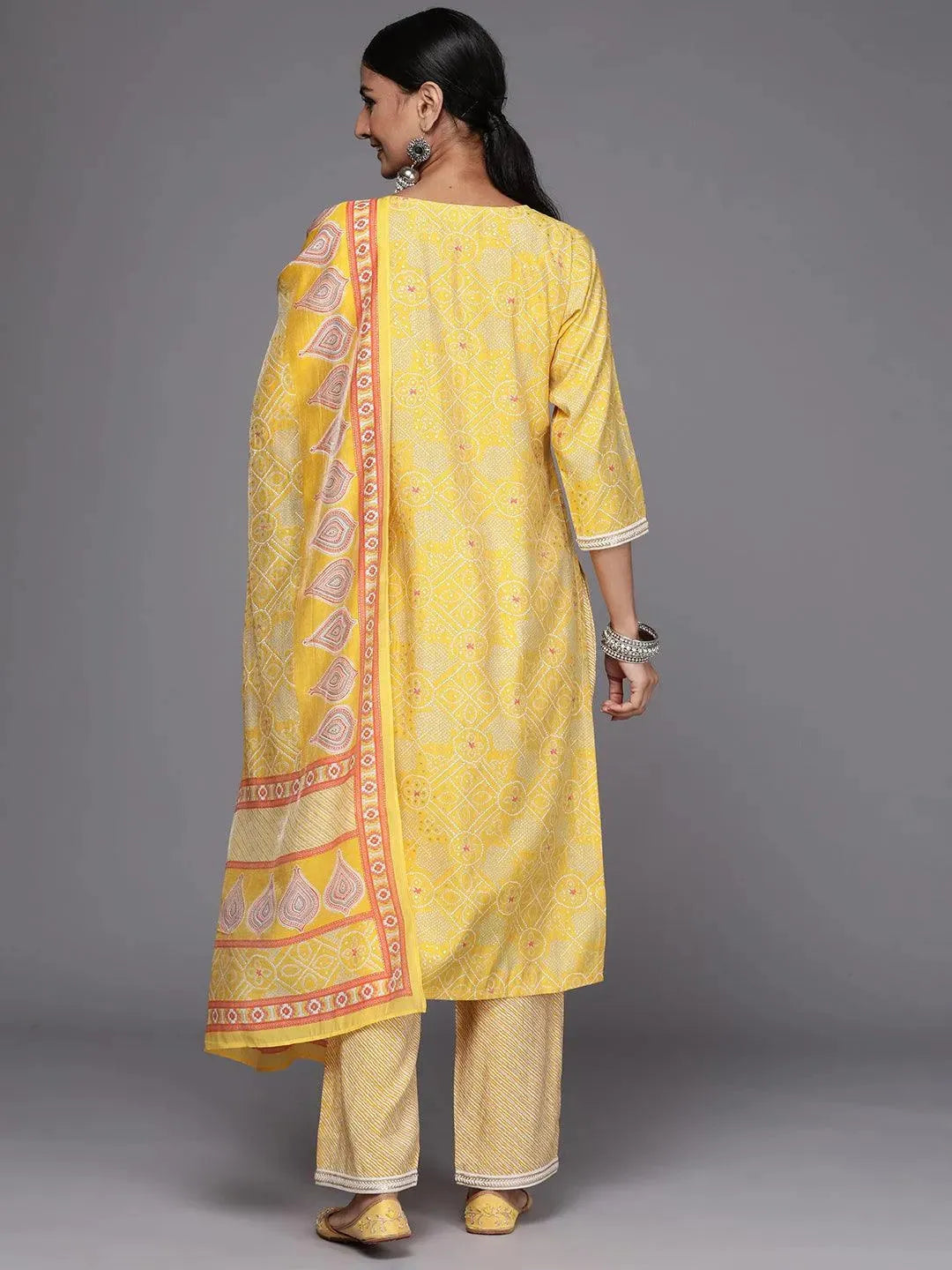 Yellow Printed Silk Blend Straight Suit Set - Libas