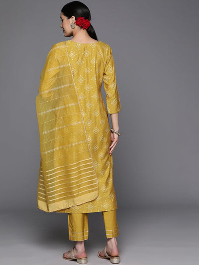 Yellow Printed Silk Blend Straight Kurta With Trousers & Dupatta - Libas